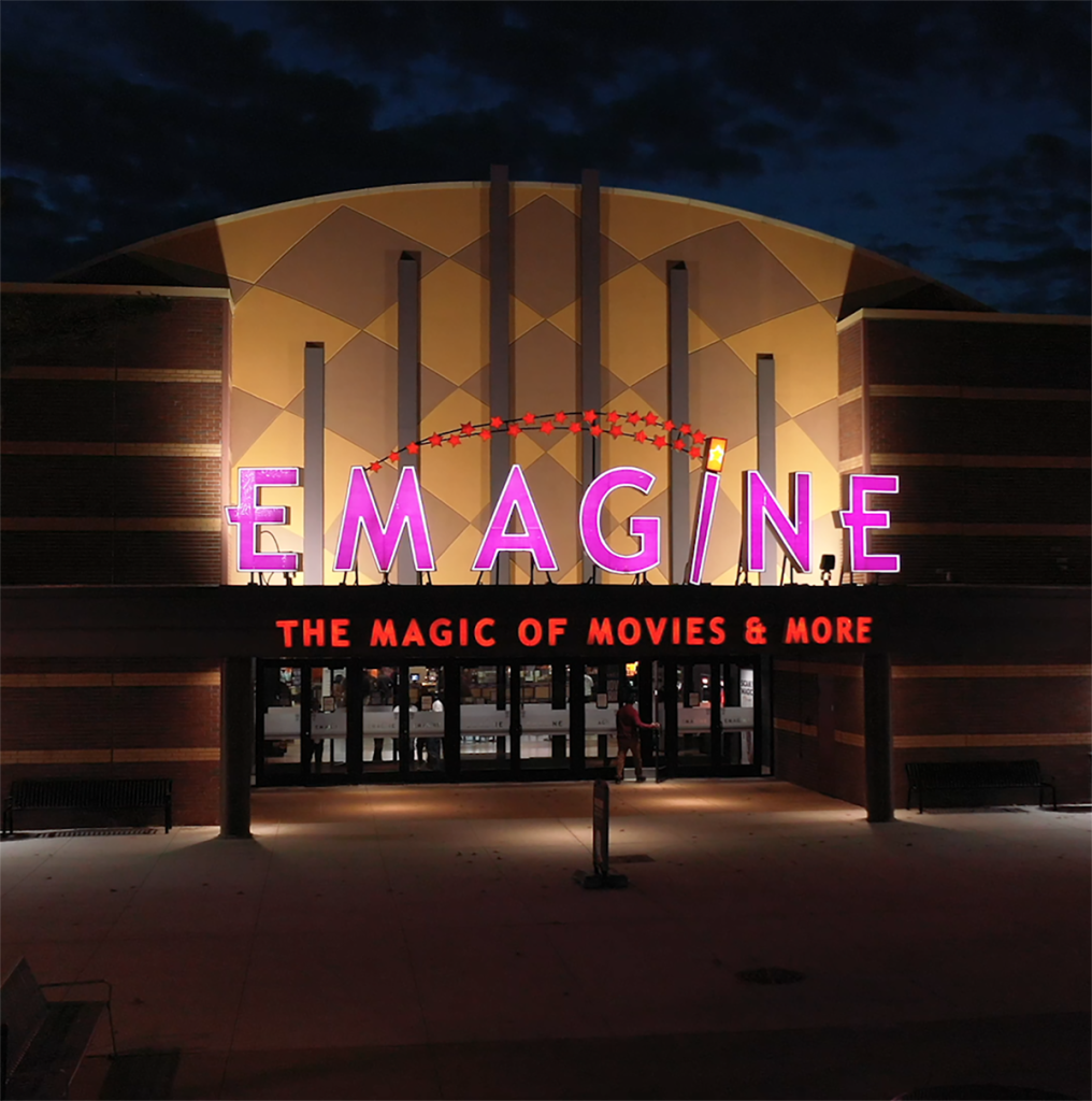 movie theater entrance at nighttime