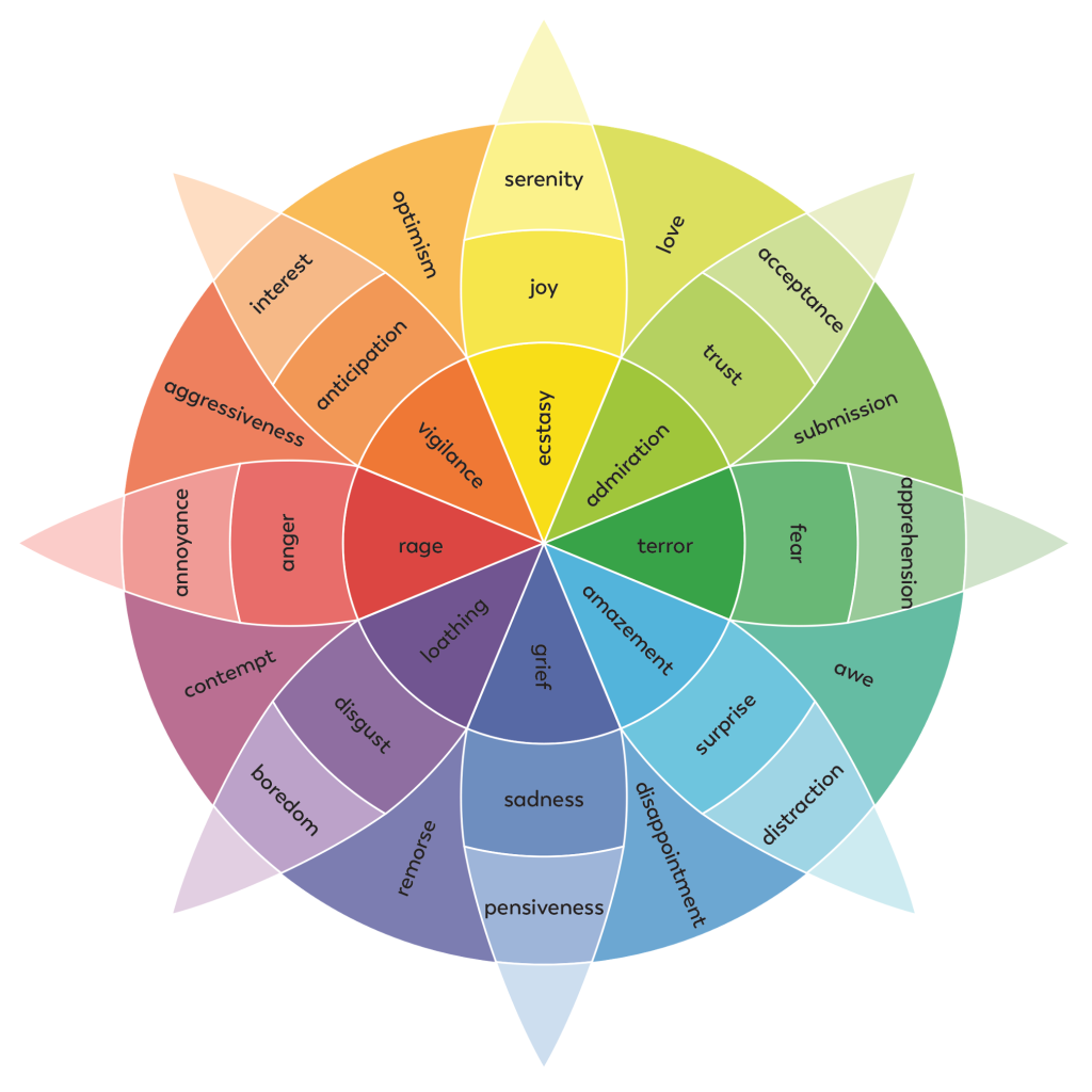 colorful wheel with various emotions organized by type