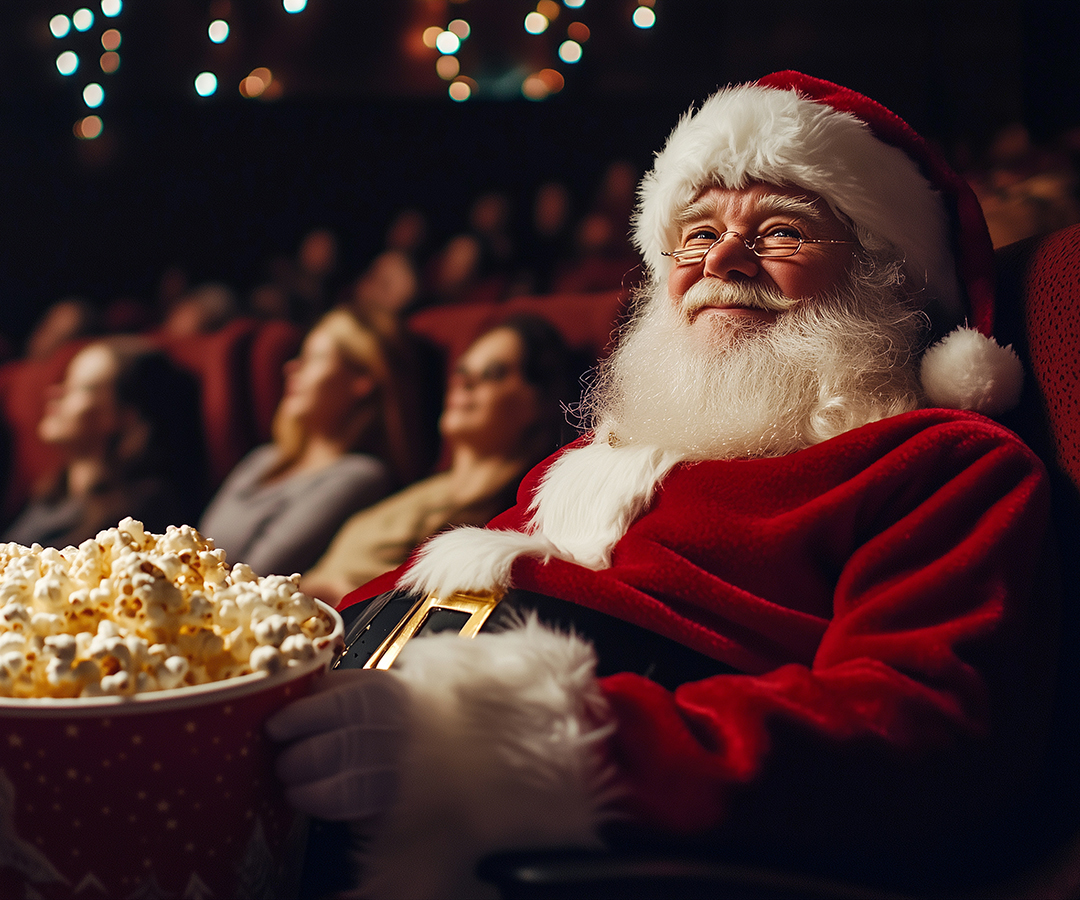 Santa Claus enjoying a bucket of popcorn at the cinema movie theater, watching a holiday movie during the festive season, in a cozy theater.